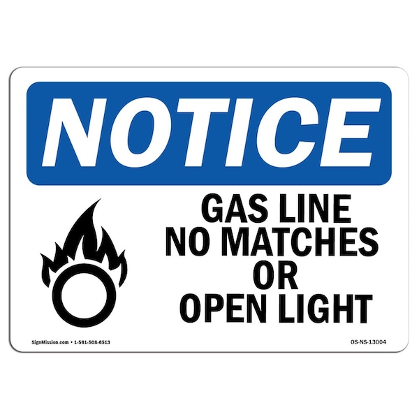 Sign, 18" H, 24" W, Rigid Plastic, Gas Line No Matches Or Open Lights Sign With Symbol, Landscape